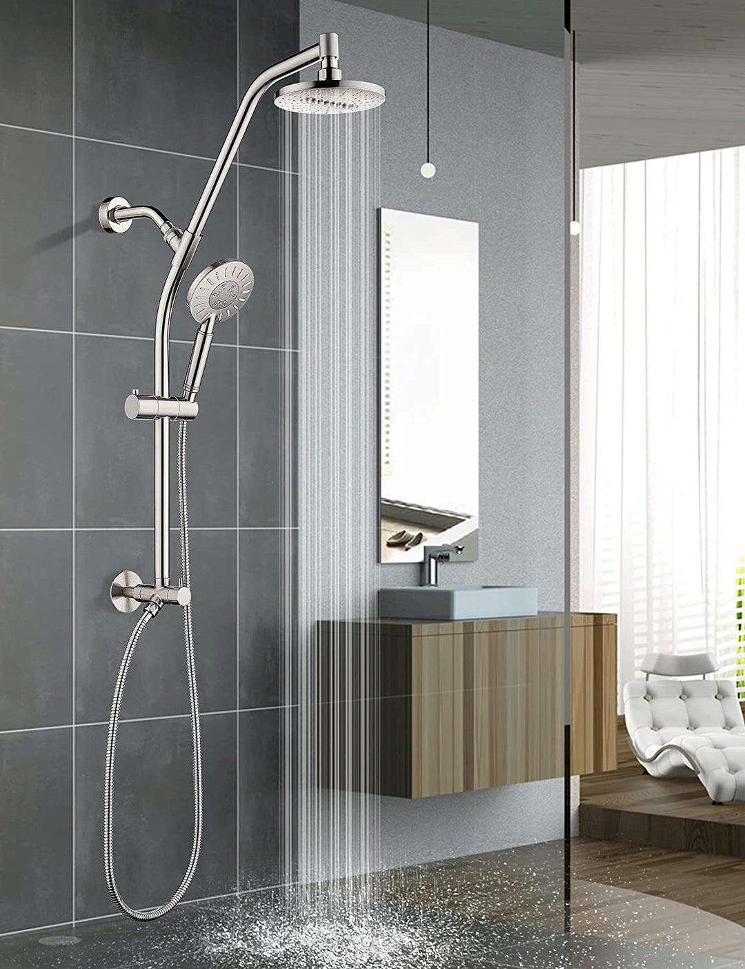 BRIGHT SHOWERS Rain Shower Head Combo with High Pressure Handheld Shower Head and Solid Brass Rail and Diverter Brass Shower Column and Height Adjustable Slide