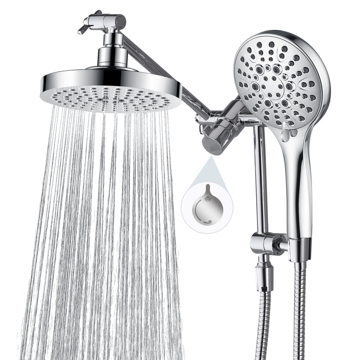 BRIGHT SHOWERS Dual Rain Shower Head Built-in Power Wash, with Adjustable Extension Arm, 3-Way Diverter, 9 Settings Handheld, 69” Long Hose(BAS2055)