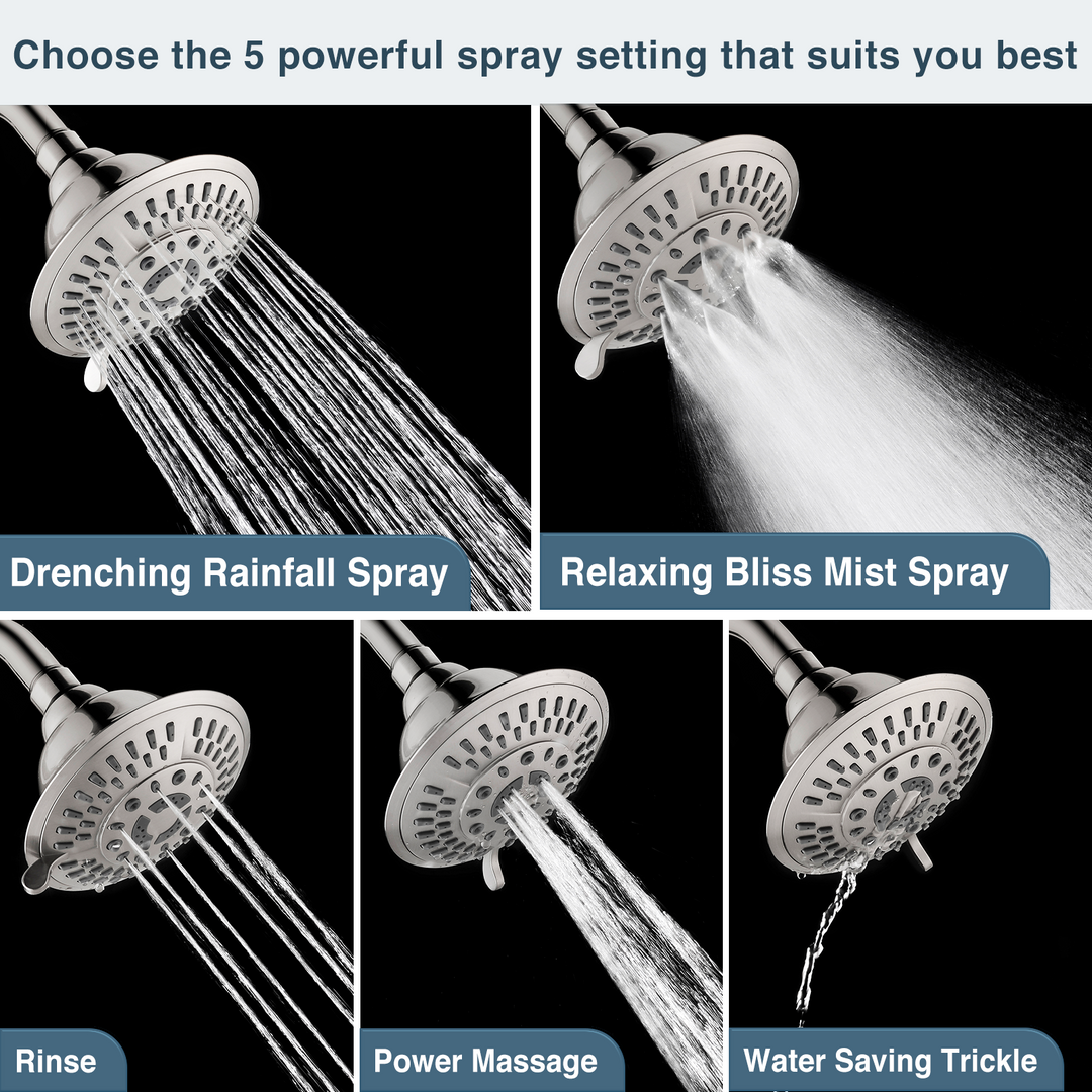 BRIGHT SHOWERS Shower Head High Pressure Rain Showerhead 5 Spray Setting Fixed Shower Head Angle Adjustable Bathroom Showerhead (PSH5900)