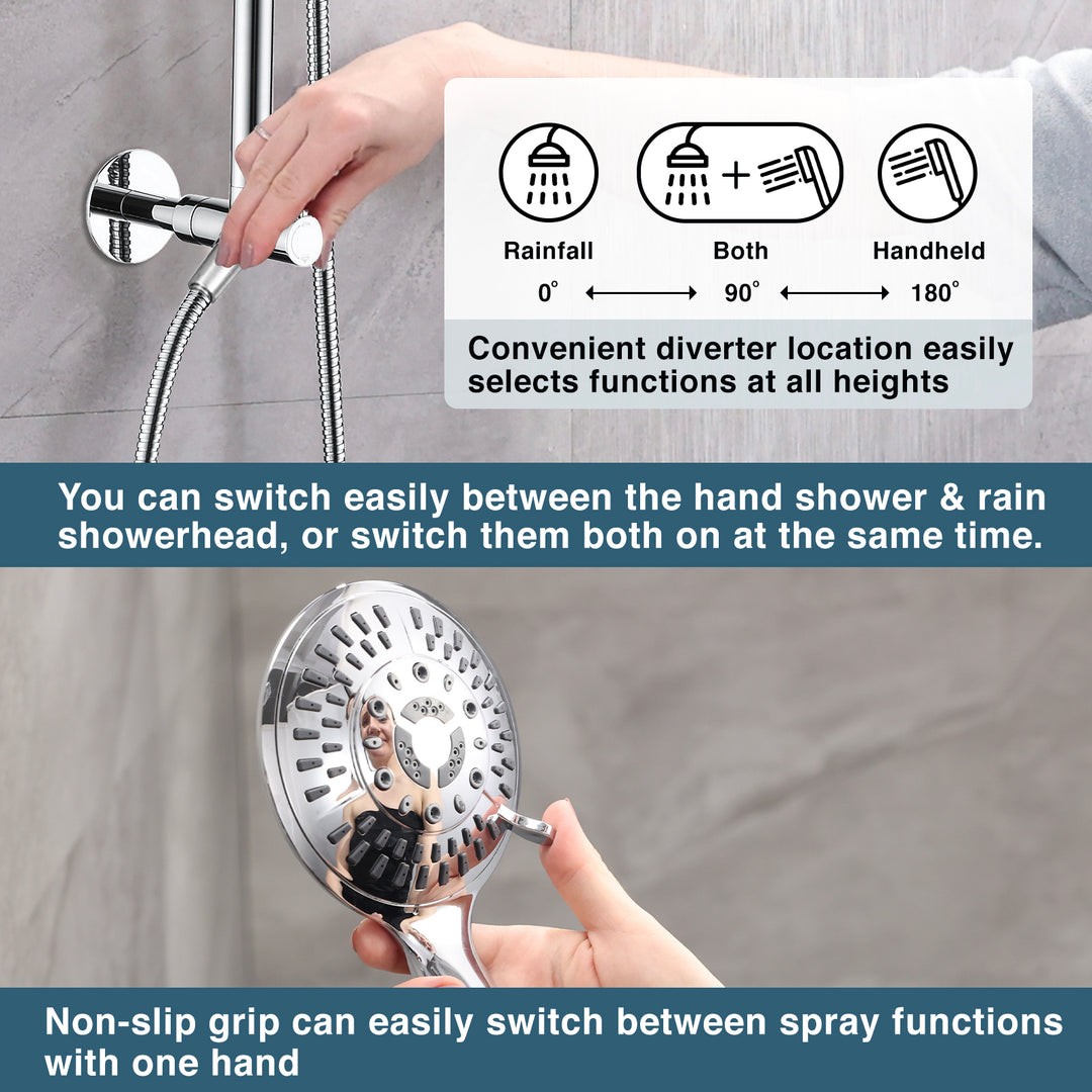 BRIGHT SHOWERS Shower Head Combo with 5 Spray Setting Shower Head and Solid Brass Rail and Diverter Brass Shower Column and Adjustable Slide (BSB2700)