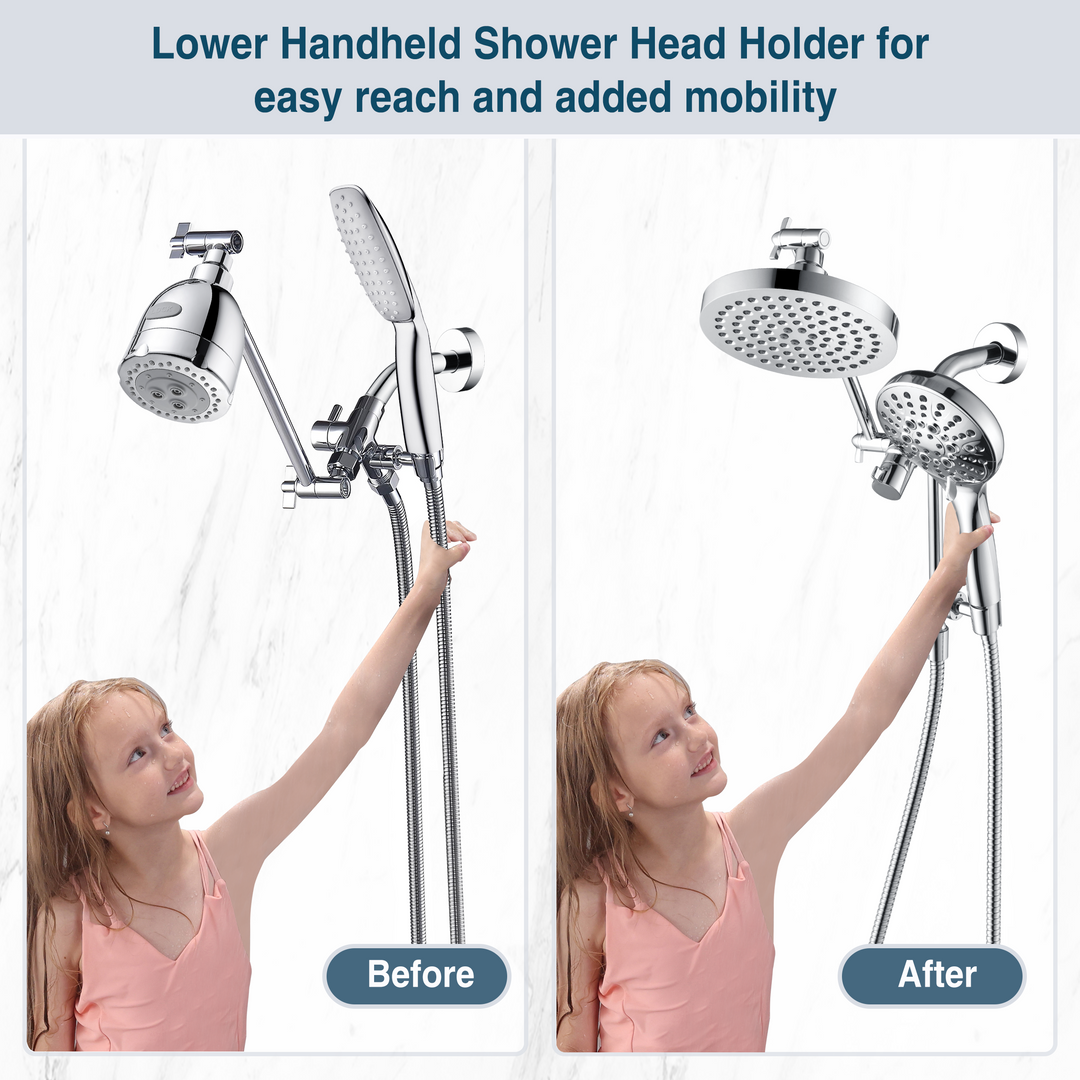 BRIGHT SHOWERS Dual Rain Shower Head Built-in Power Wash, with Adjustable Extension Arm, 3-Way Diverter, 9 Settings Handheld, 69” Long Hose(BAS2055)