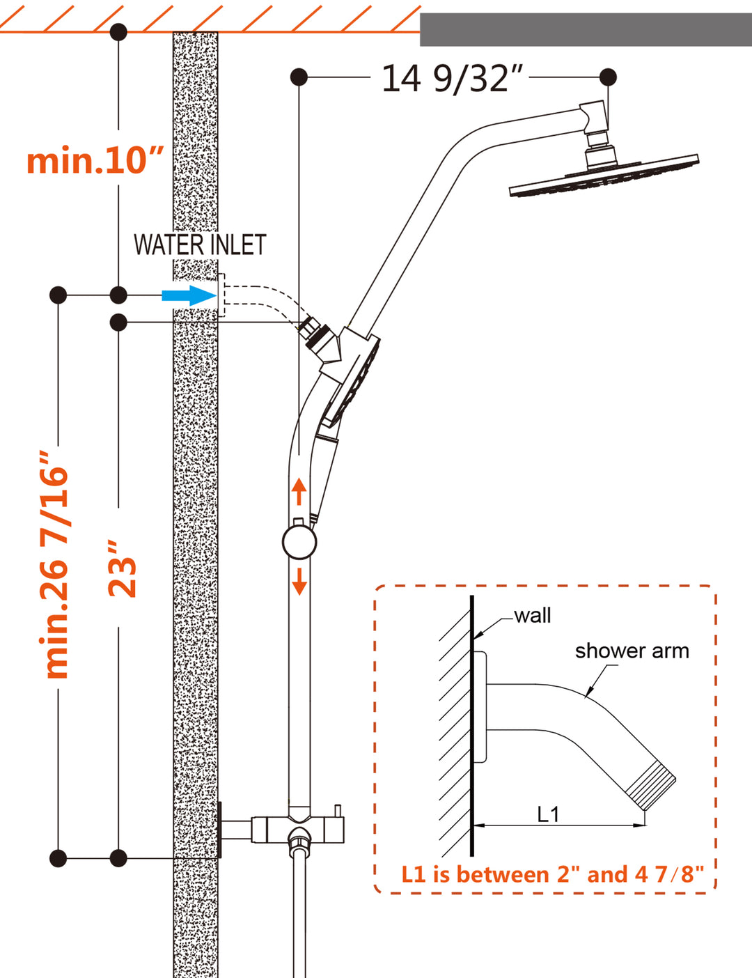 Shower Head Combo-Shower Head with Solid Brass Rail and Diverter