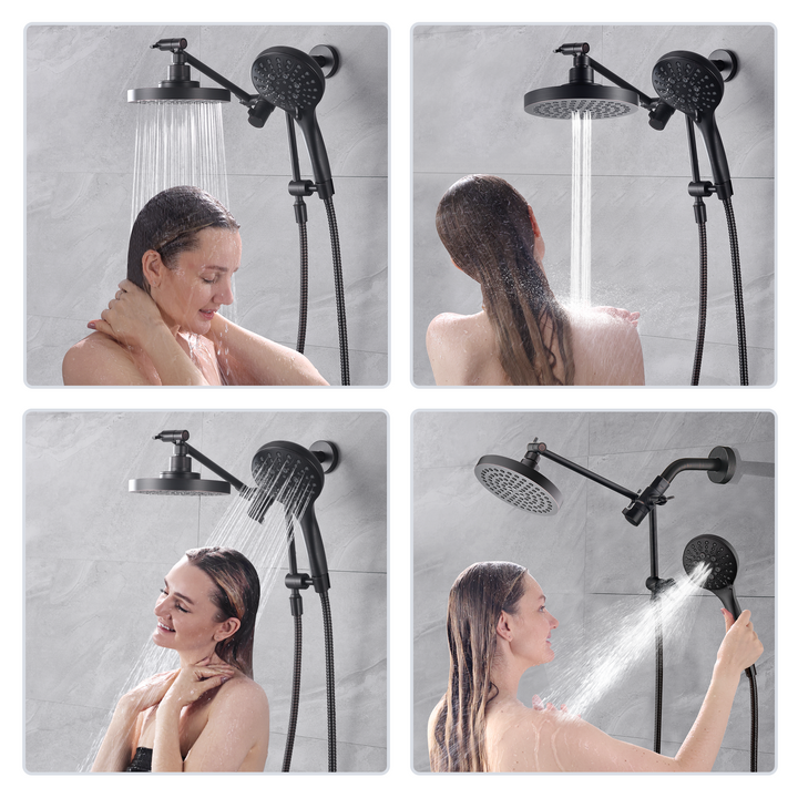 BRIGHT SHOWERS Dual Rain Shower Head Built-in Power Wash, with Adjustable Extension Arm, 3-Way Diverter, 9 Settings Handheld, 69” Long Hose(BAS2055)