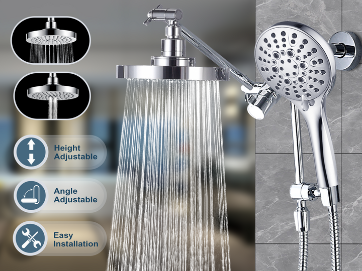 BRIGHT SHOWERS Dual Rain Shower Head Built-in Power Wash, with Adjustable Extension Arm, 3-Way Diverter, 9 Settings Handheld, 69” Long Hose(BAS2055)