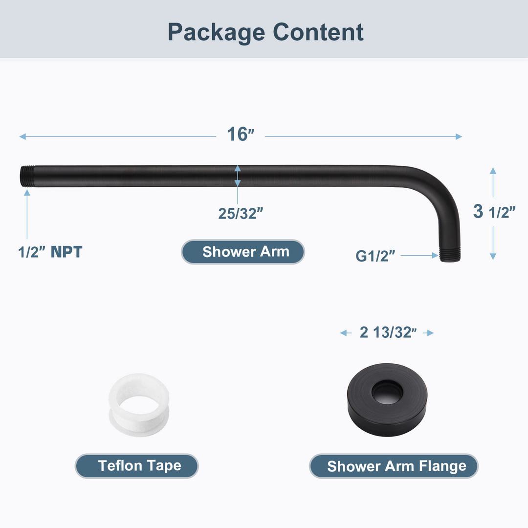 BRIGHT SHOWERS 16 Inch Shower Head Extension Arm with Flange L Shaped Shower Arm Extender, Stainless Steel Rainfall Shower Head Pipe Arm (BAR1605)