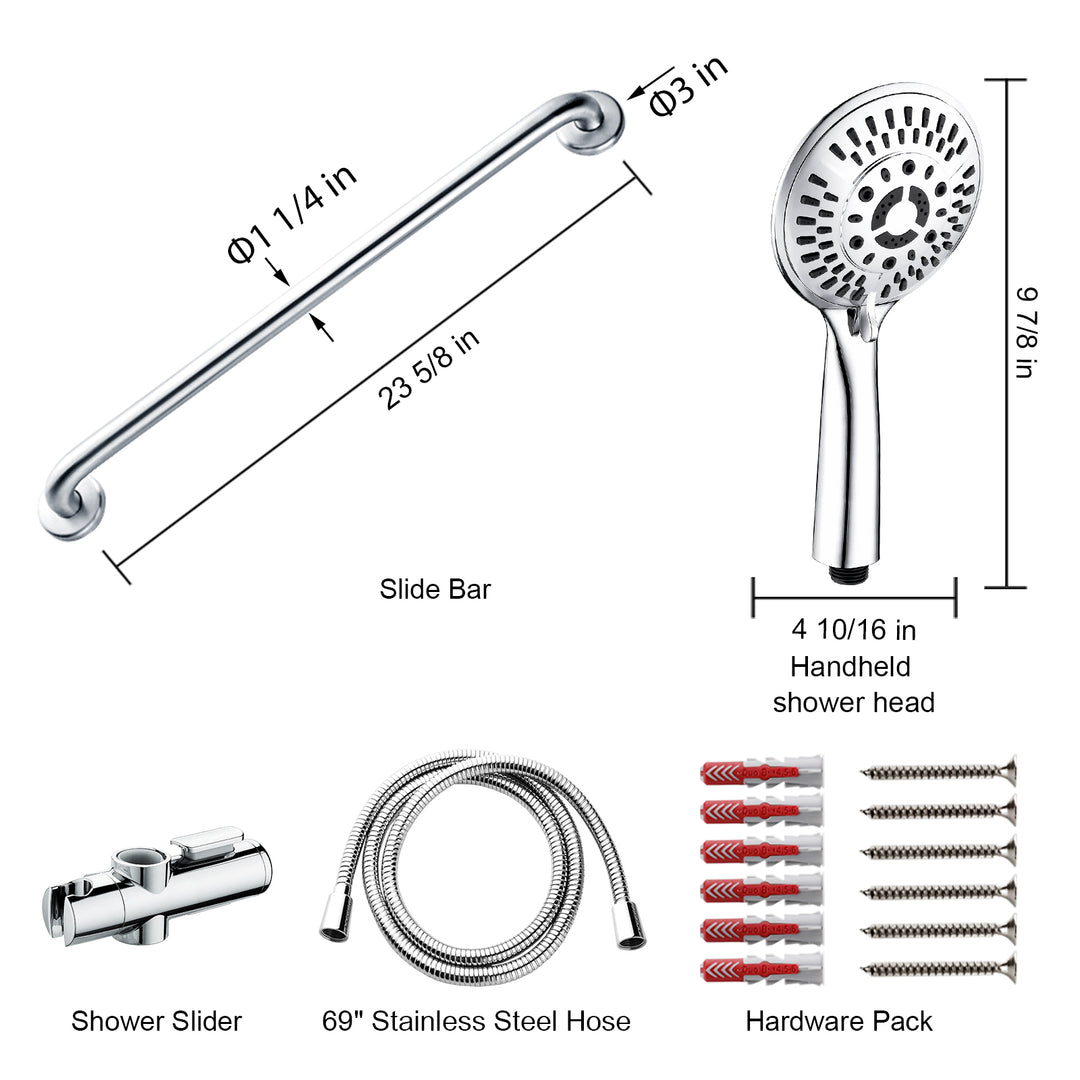 Stainless Steel Slide Bar Grab Rail Set Ada compliant Includes Handheld Shower Head and 79'' Hose