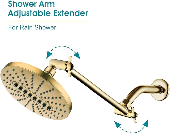 BRIGHT SHOWERS 10 Inch Brass Shower Head Extension Arm for Rain and Handheld Shower Head, Multi-Layer Plating, Height & Angle Adjustable (BAR1054)