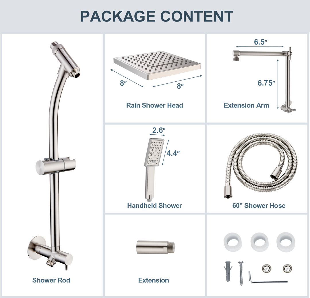 BRIGHT SHOWERS Rainfall Shower Head with Handheld Spray Set Includes Solid Brass Slide Bar, Shower Holder, Shower Extension Arm and 60" Hose (BSB2711)