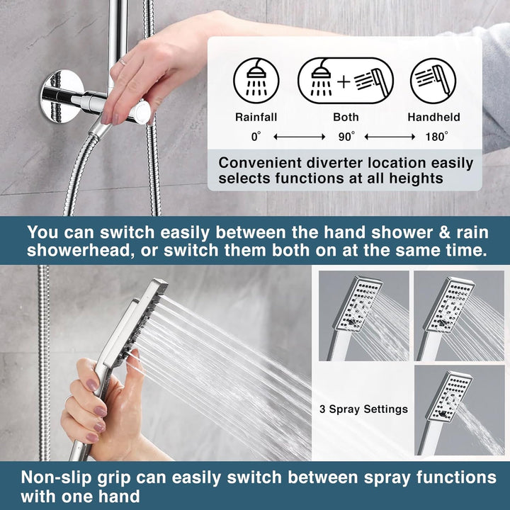 BRIGHT SHOWERS Rainfall Shower Head with Handheld Spray Set Includes Solid Brass Slide Bar, Shower Holder, Shower Extension Arm and 60" Hose (BSB2711)