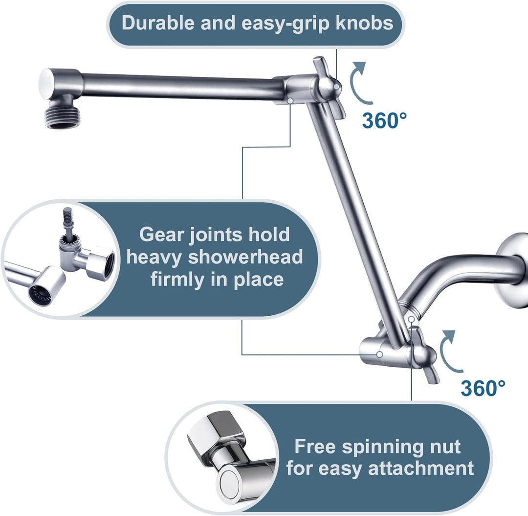 BRIGHT SHOWERS 14 Inch Thicker Brass Shower Arm Extender for Rain and Handheld Shower Head, Adjustable Height & Angle for Different Needs (BAR1401)