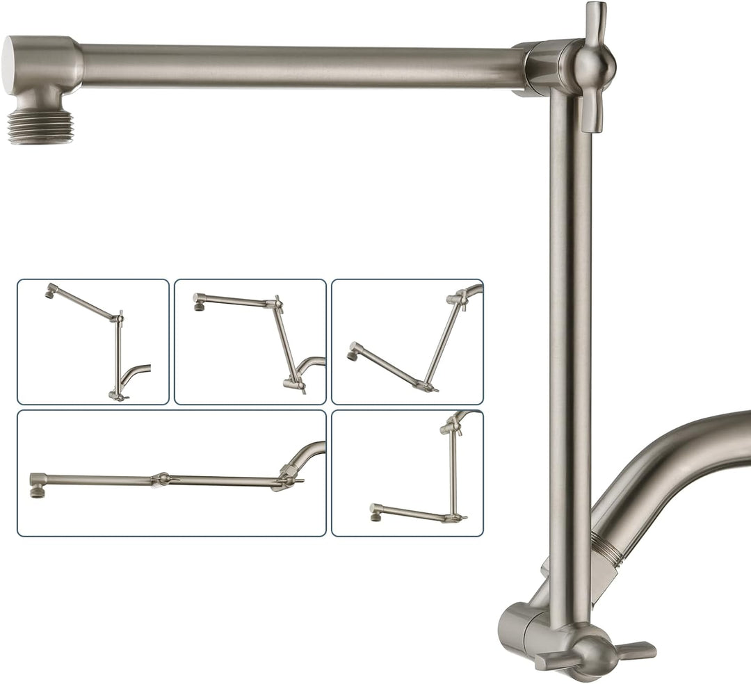 BRIGHT SHOWERS 14 Inch Thicker Brass Shower Arm Extender for Rain and Handheld Shower Head, Adjustable Height & Angle for Different Needs (BAR1401)