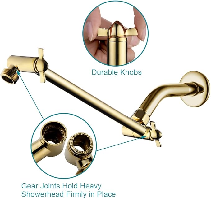 BRIGHT SHOWERS 10 Inch Brass Shower Head Extension Arm for Rain and Handheld Shower Head, Multi-Layer Plating, Height & Angle Adjustable (BAR1054)