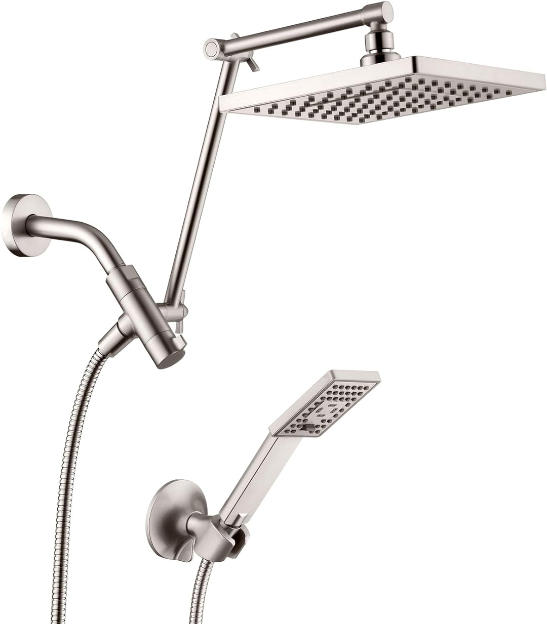 BRIGHT SHOWERS High Pressure Dual Square Rain Shower Head Combo with Double Extension Arm, 8 Inch Rainfall Shower Head with Handheld Spray (PAS2807)