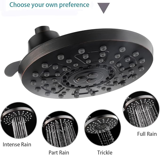 BRIGHT SHOWERS 8 Inch Rain Shower Head with 4 Spray Settings, Fixed Rainfall Showerhead, Adjustable Ball Joint (PRS4540)