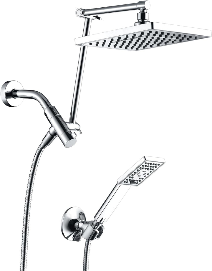 BRIGHT SHOWERS High Pressure Dual Square Rain Shower Head Combo with Double Extension Arm, 8 Inch Rainfall Shower Head with Handheld Spray (PAS2807)