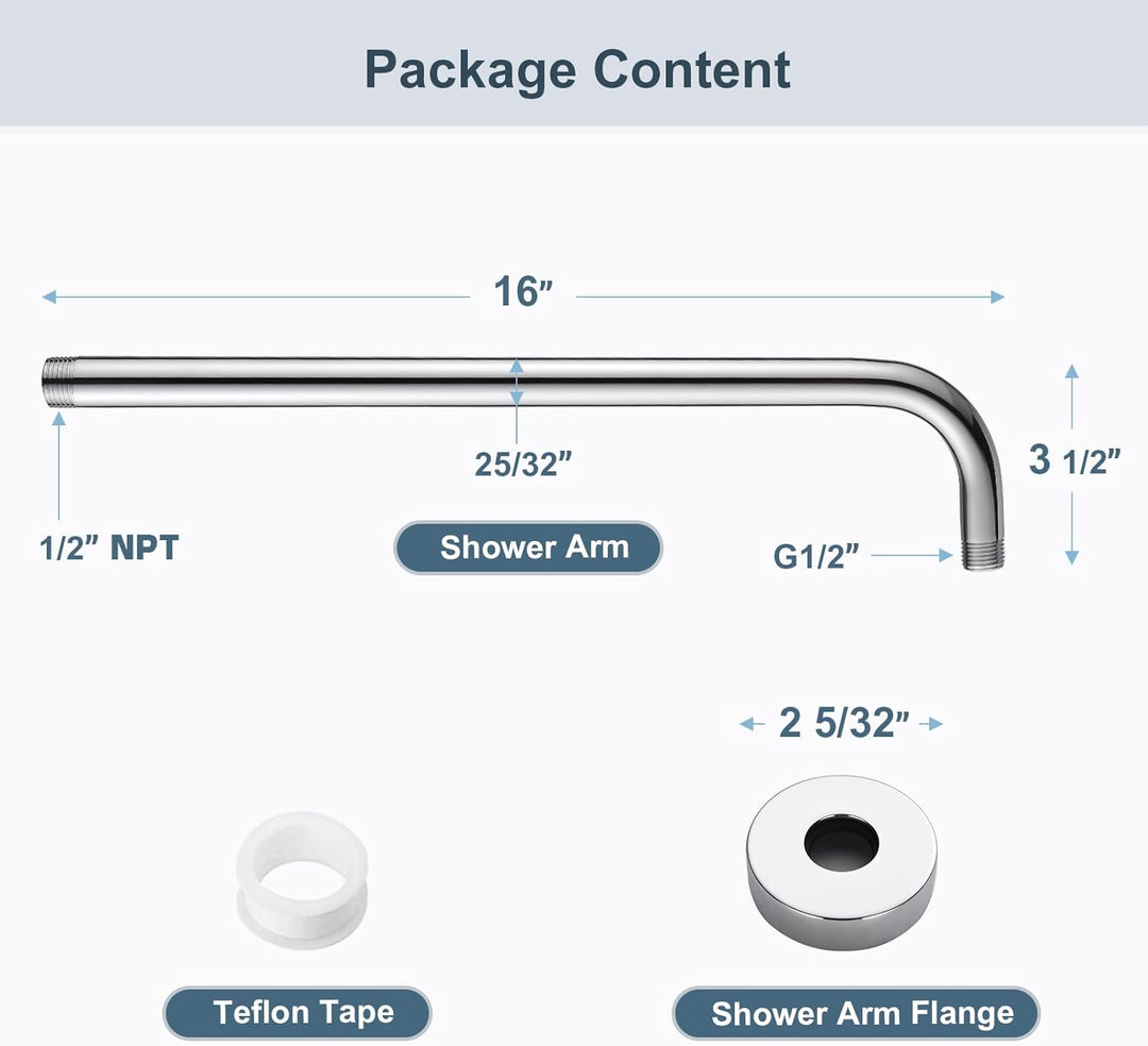 BRIGHT SHOWERS 16 Inch Shower Head Extension Arm with Flange L Shaped Shower Arm Extender, Stainless Steel Rainfall Shower Head Pipe Arm (BAR1605)