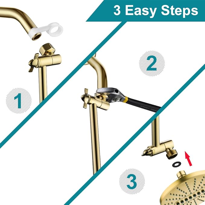 BRIGHT SHOWERS 10 Inch Brass Shower Head Extension Arm for Rain and Handheld Shower Head, Multi-Layer Plating, Height & Angle Adjustable (BAR1054)