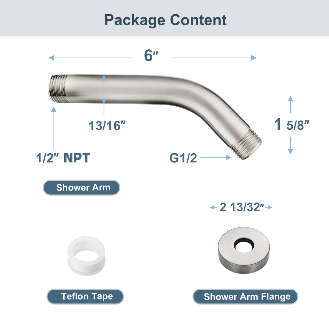 BRIGHT SHOWERS 6 Inch Brass Shower Arm with Flange Shower Pipe Arm for Wall Mount Fixed and Handheld Shower Head (BAR0633)