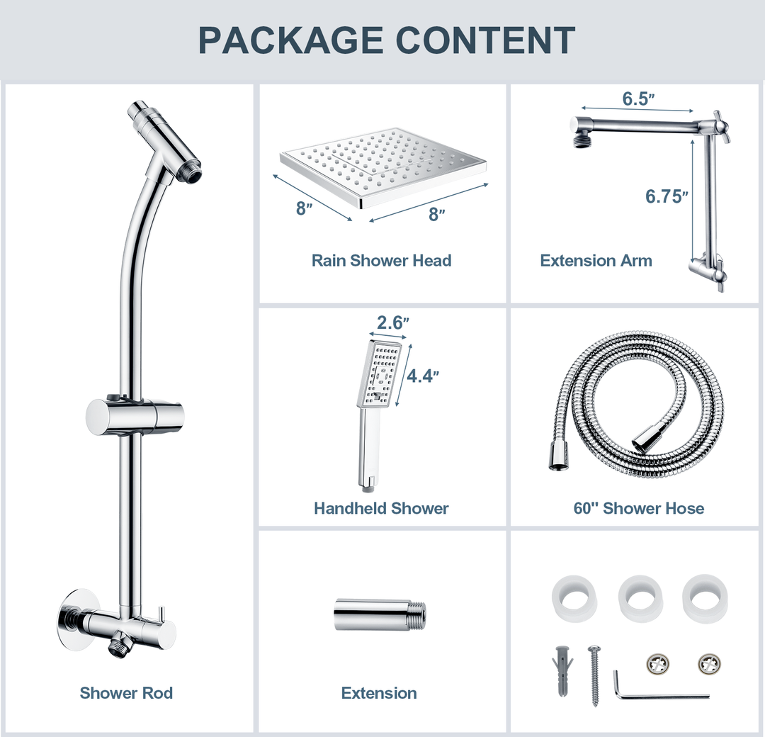 BRIGHT SHOWERS Rainfall Shower Head with Handheld Spray Set Includes Solid Brass Slide Bar, Shower Holder, Shower Extension Arm and 60" Hose (BSB2711)