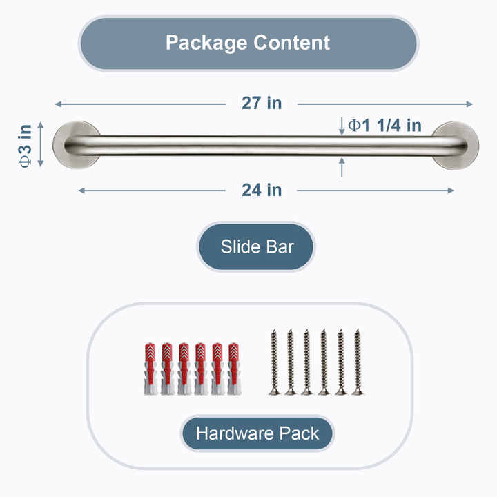 BRIGHT SHOWERS ADA-Compliant Grab Bar for Showers and Bathtubs, 24-Inch Stainless Steel Rail, Wall Senior Handle for Elderly or Handicapped（BSB1243）