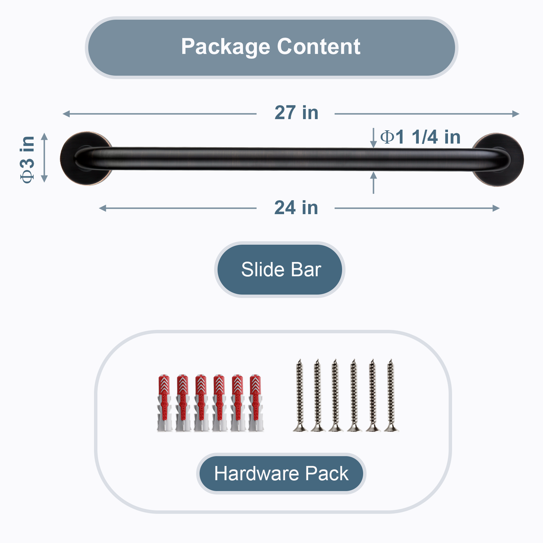 BRIGHT SHOWERS ADA-Compliant Grab Bar for Showers and Bathtubs, 24-Inch Stainless Steel Rail, Wall Senior Handle for Elderly or Handicapped（BSB1243）