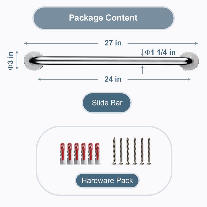BRIGHT SHOWERS ADA-Compliant Grab Bar for Showers and Bathtubs, 24-Inch Stainless Steel Rail, Wall Senior Handle for Elderly or Handicapped（BSB1243）
