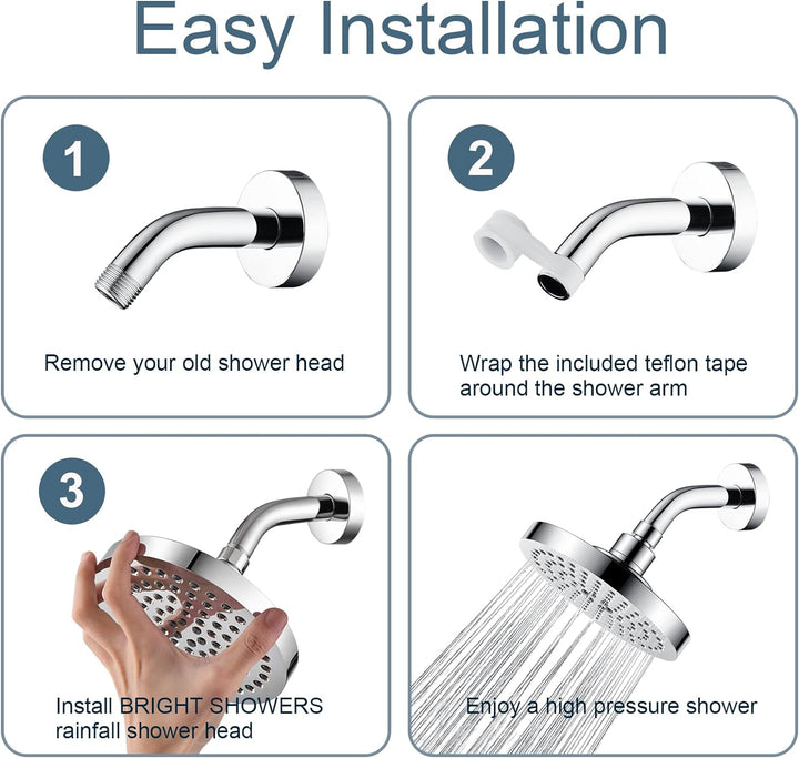 BRIGHT SHOWERS 6 Inch Rainfall Shower Heads with 2 Spray Settings, Adjustable Angle Replacement Bathroom Showerhead, Easy Installation (PSH2321)