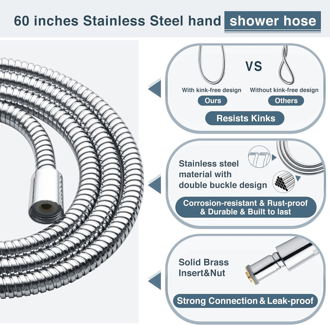 BRIGHT SHOWERS 8 Inch Shower Head with Handheld Spray 5 ft. Shower Hose Set Includes Wall Mount Suction Bracket, 3-Way Water Diverter Mount (PSS1807)