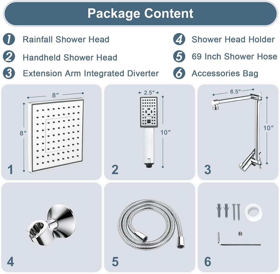 BRIGHT SHOWERS High Pressure Dual Square Rain Shower Head Combo with Double Extension Arm, 8 Inch Rainfall Shower Head with Handheld Spray (PAS2807)