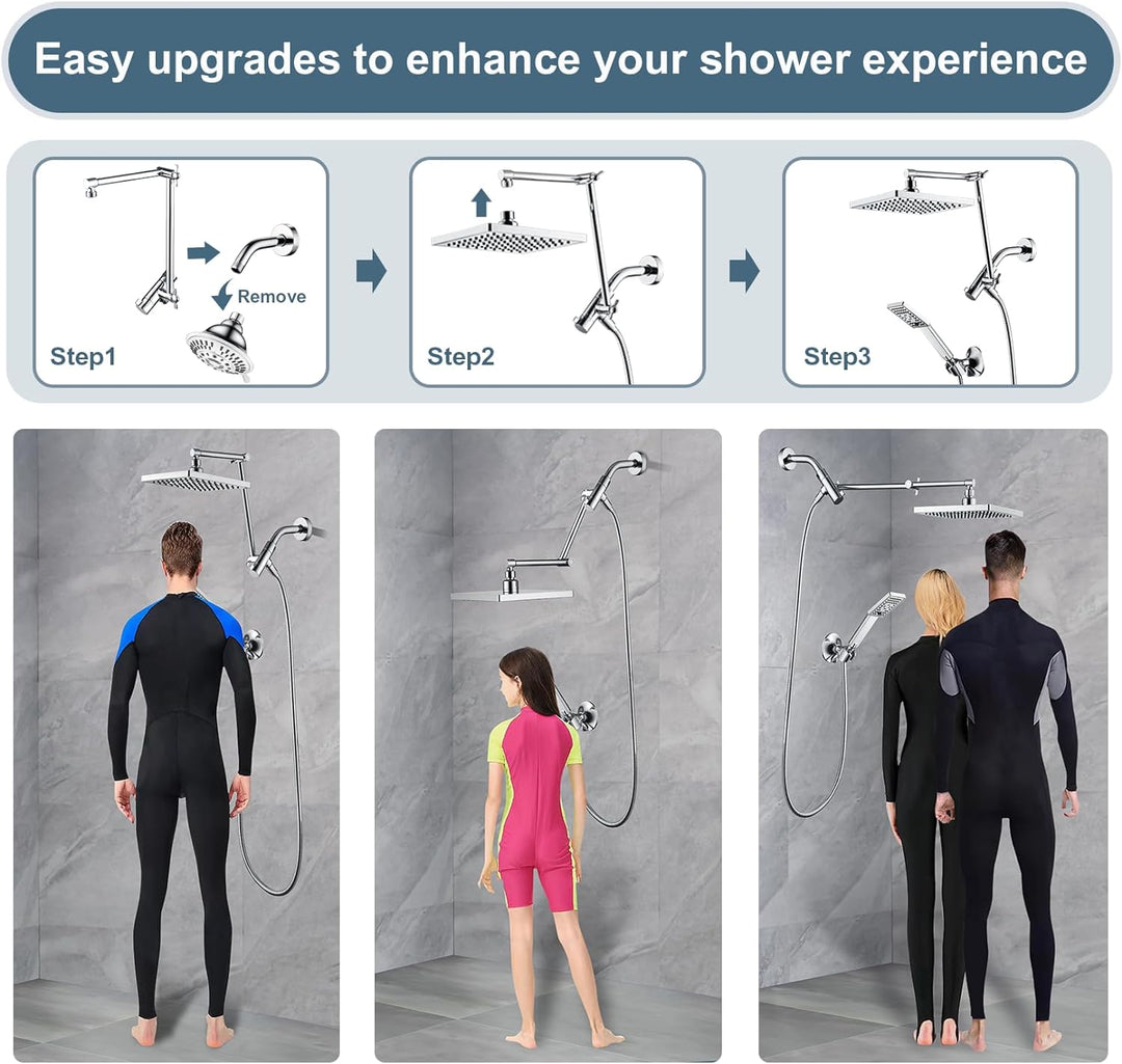 BRIGHT SHOWERS High Pressure Dual Square Rain Shower Head Combo with Double Extension Arm, 8 Inch Rainfall Shower Head with Handheld Spray (PAS2807)