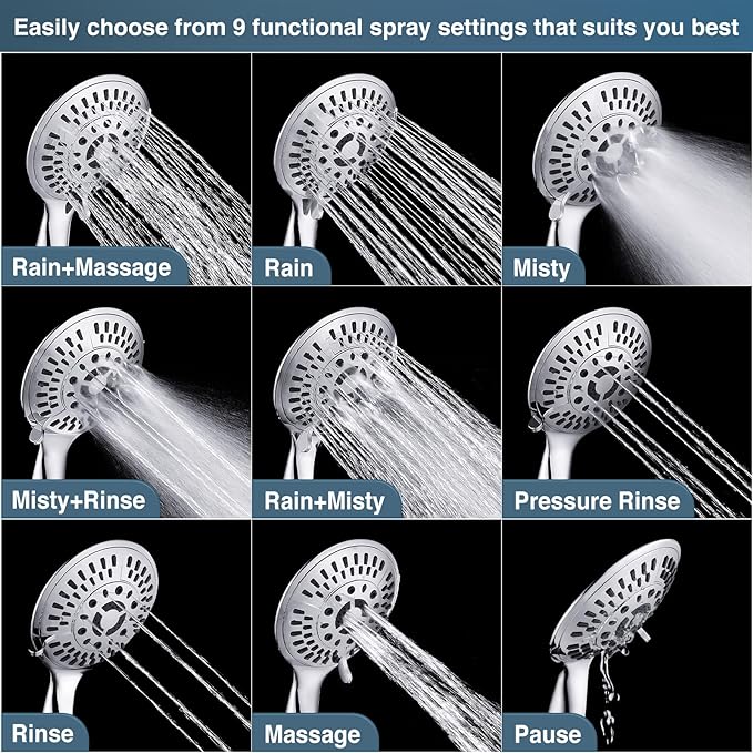 BRIGHT SHOWERS High Pressure 9 Powerful Water Spray Settings Handheld Shower Head Set, with 60 Inch Flexible Hose and Shower Arm Mount (PSS9900)