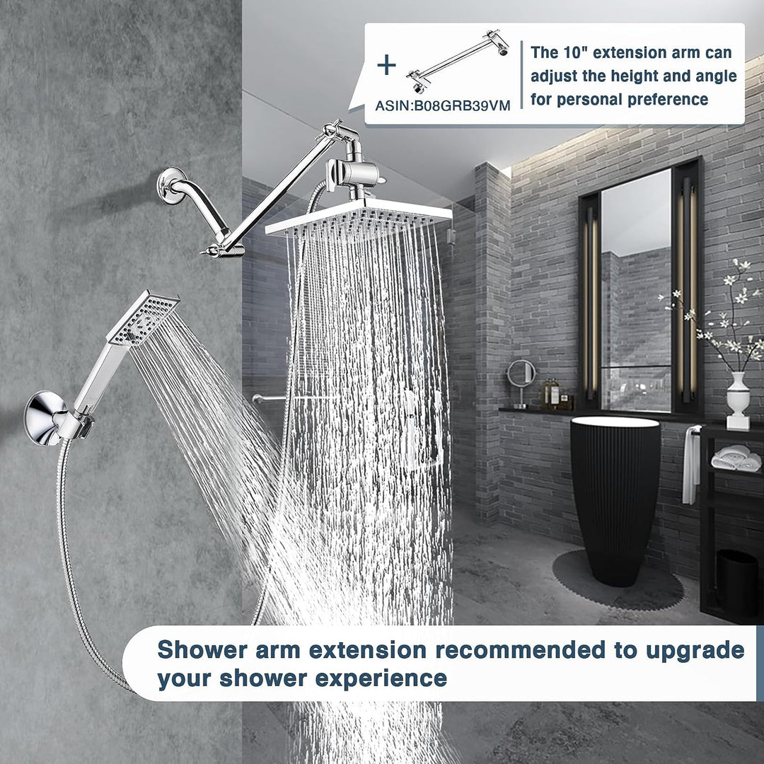 BRIGHT SHOWERS 8 Inch Shower Head with Handheld Spray 5 ft. Shower Hose Set Includes Wall Mount Suction Bracket, 3-Way Water Diverter Mount (PSS1807)