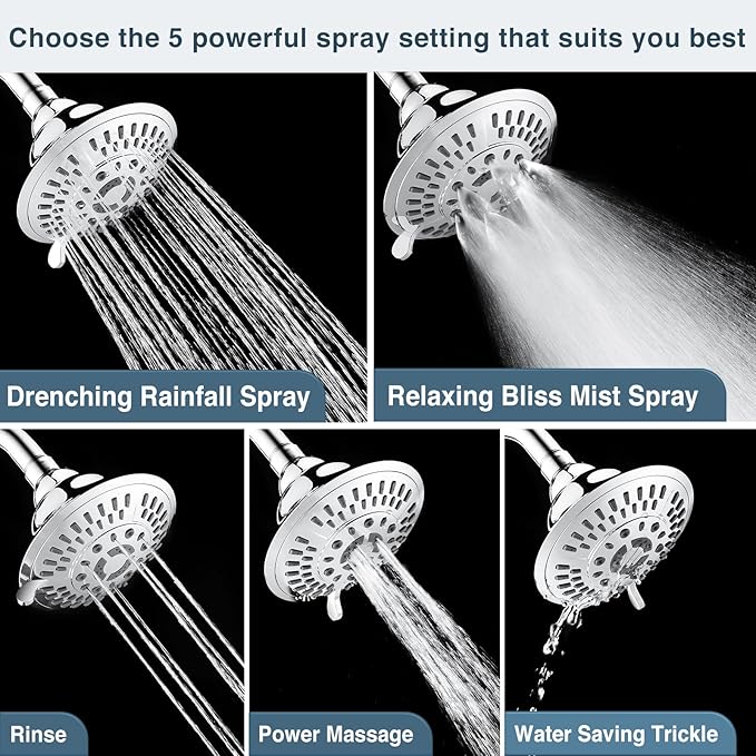 BRIGHT SHOWERS Shower Head High Pressure Rain Showerhead 5 Spray Setting Fixed Shower Head Angle Adjustable Bathroom Showerhead (PSH5900)