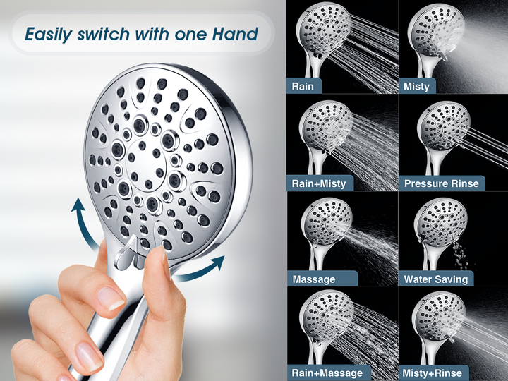 BRIGHT SHOWERS Dual Rain Shower Head Built-in Power Wash, with Adjustable Extension Arm, 3-Way Diverter, 9 Settings Handheld, 69” Long Hose(BAS2055)