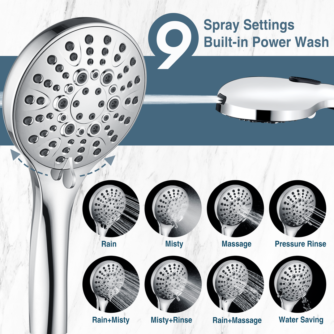 BRIGHT SHOWERS Dual Rain Shower Head Built-in Power Wash, with Adjustable Extension Arm, 3-Way Diverter, 9 Settings Handheld, 69” Long Hose(BAS2055)