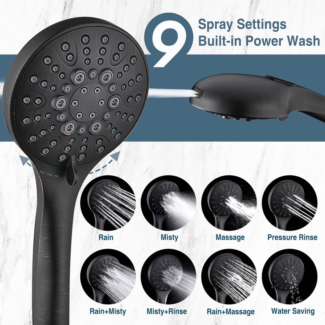 BRIGHT SHOWERS Dual Rain Shower Head Built-in Power Wash, with Adjustable Extension Arm, 3-Way Diverter, 9 Settings Handheld, 69” Long Hose(BAS2055)