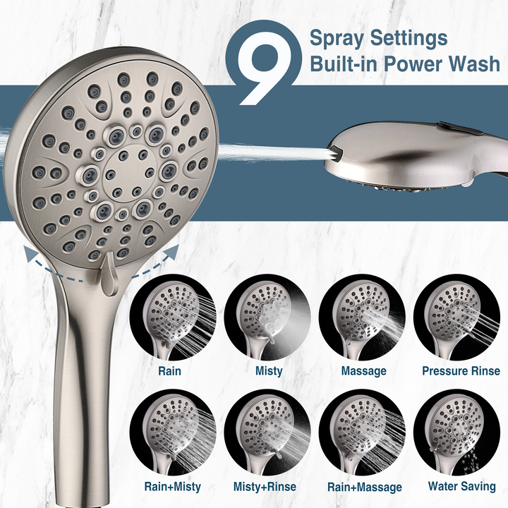 BRIGHT SHOWERS Dual Rain Shower Head Built-in Power Wash, with Adjustable Extension Arm, 3-Way Diverter, 9 Settings Handheld, 69” Long Hose(BAS2055)