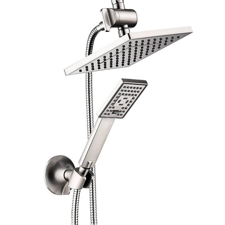 BRIGHT SHOWERS 8 Inch Shower Head with Handheld Spray 5 ft. Shower Hose Set Includes Wall Mount Suction Bracket, 3-Way Water Diverter Mount (PSS1807)