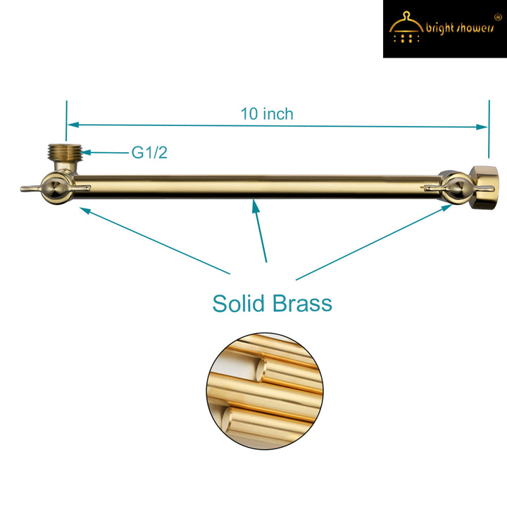 BRIGHT SHOWERS 10 Inch Brass Shower Head Extension Arm for Rain and Handheld Shower Head, Multi-Layer Plating, Height & Angle Adjustable (BAR1054)