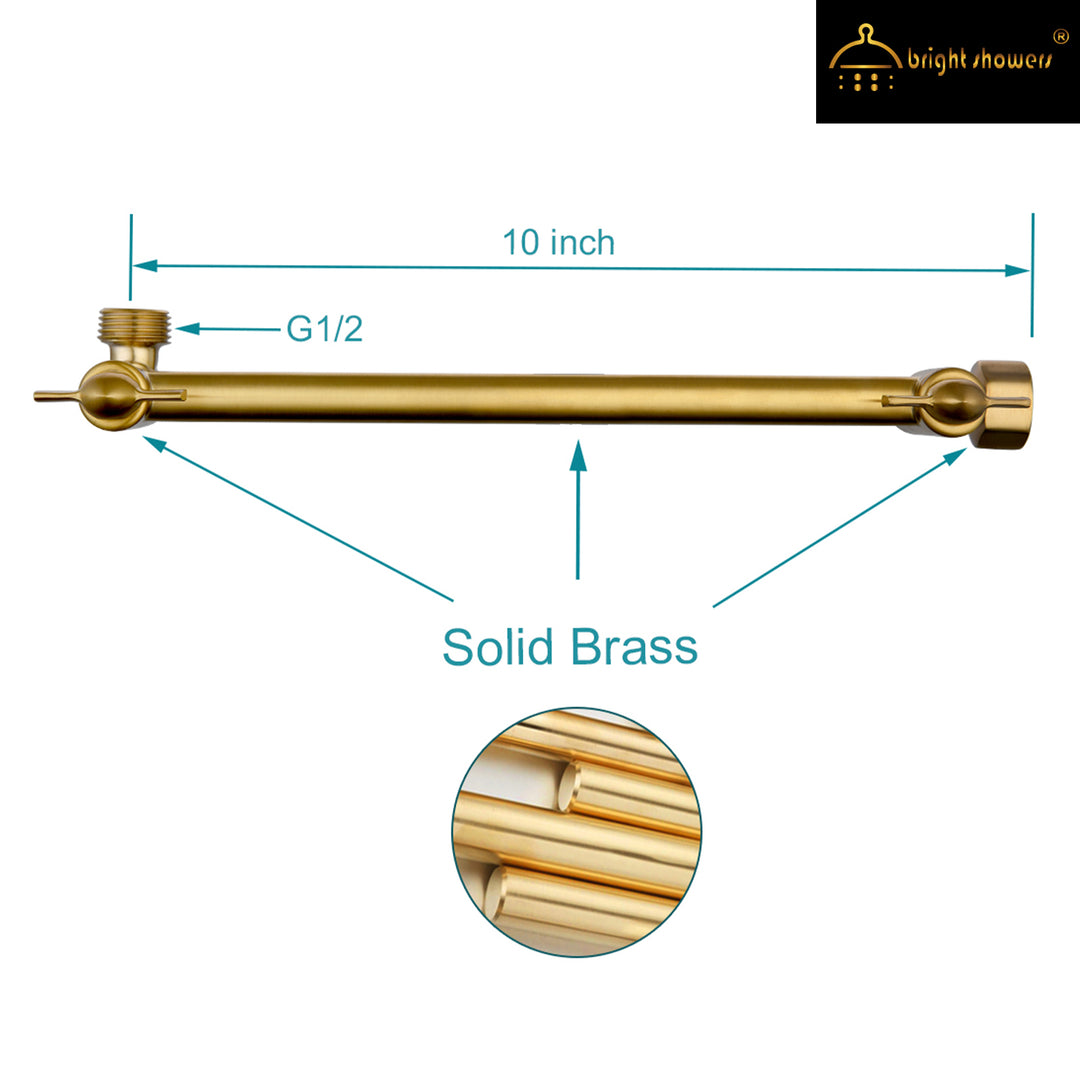 BRIGHT SHOWERS 10 Inch Brass Shower Head Extension Arm for Rain and Handheld Shower Head, Multi-Layer Plating, Height & Angle Adjustable (BAR1054)