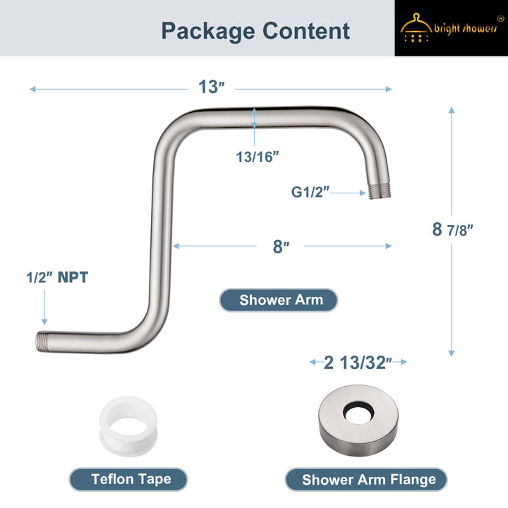 BRIGHT SHOWERS 13 Inch Shower Head Extension Arm with Flange S Shaped High Rise Extender, Long Stainless Steel Rainfall Shower Head Pipe Arm (BAR1301)