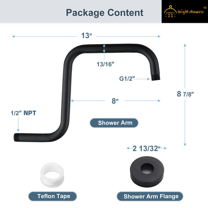 BRIGHT SHOWERS 13 Inch Shower Head Extension Arm with Flange S Shaped High Rise Extender, Long Stainless Steel Rainfall Shower Head Pipe Arm (BAR1301)