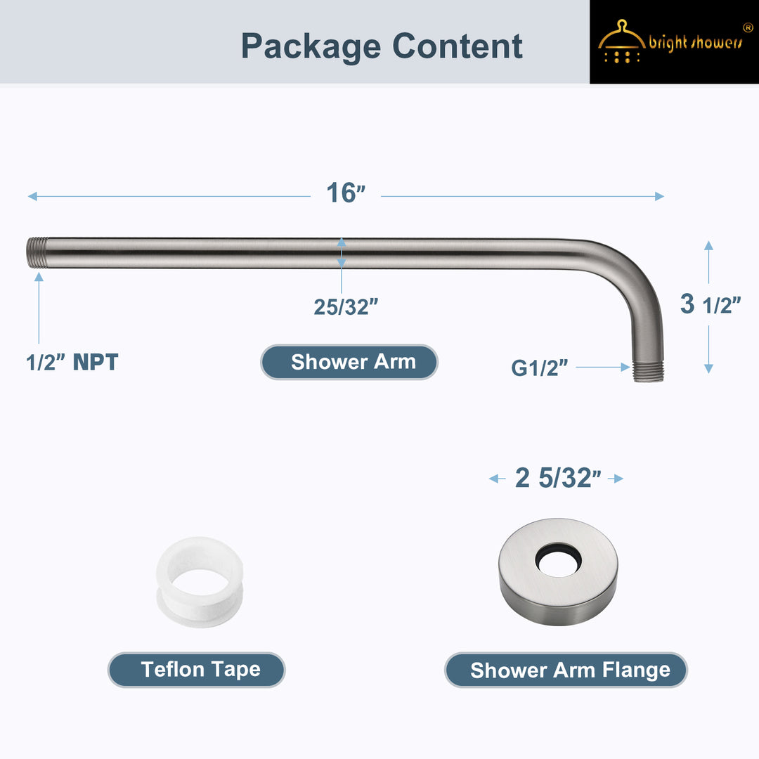 BRIGHT SHOWERS 16 Inch Shower Head Extension Arm with Flange L Shaped Shower Arm Extender, Stainless Steel Rainfall Shower Head Pipe Arm (BAR1605)