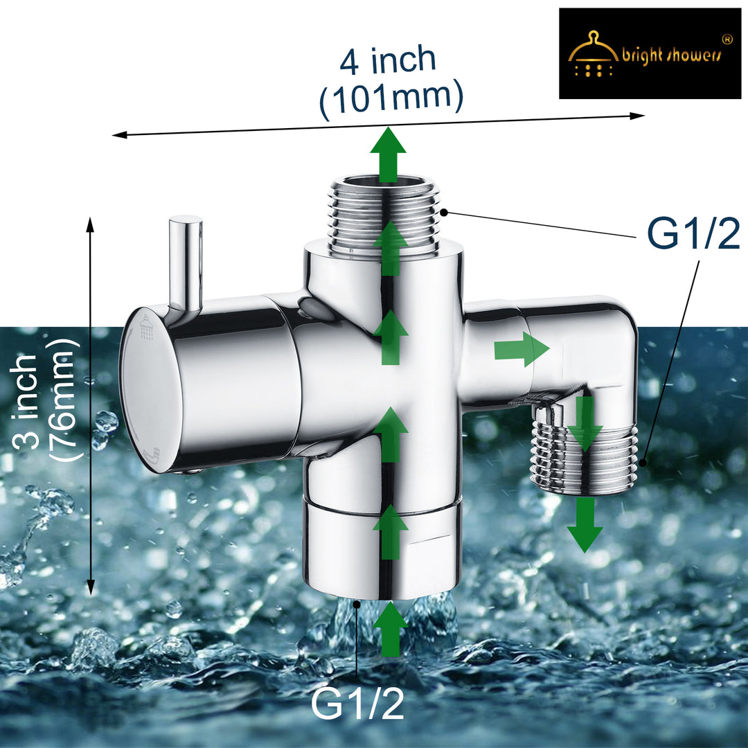 BRIGHT SHOWERS Brass Shower Arm Diverter Valve for Hand held Showerhead and Fixed Spray Head, 3-Way Shower Head Diverter Valve (BBA2105)