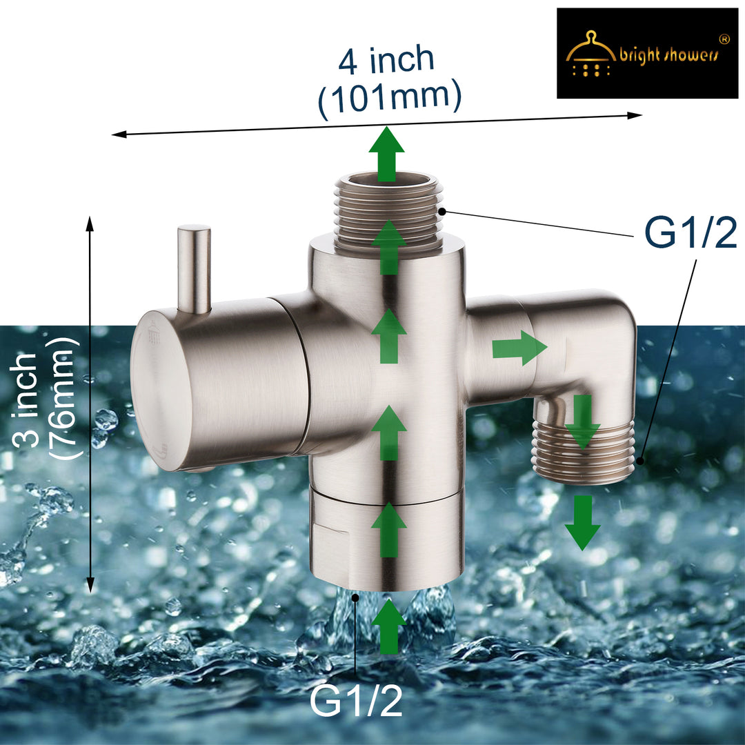 BRIGHT SHOWERS Brass Shower Arm Diverter Valve for Hand held Showerhead and Fixed Spray Head, 3-Way Shower Head Diverter Valve (BBA2105)