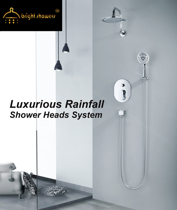 BRIGHT SHOWERS Rainfall Shower Head with High Rise Shower Arm, Shower Head Combo, Shower Valve,  Shower Trim Kit (FT20350)