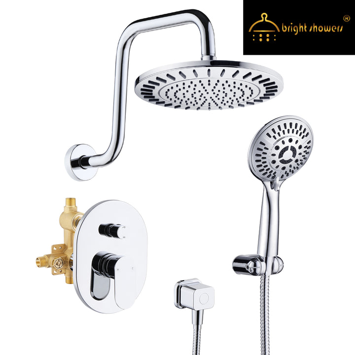 BRIGHT SHOWERS Rainfall Shower Head with High Rise Shower Arm, Shower Head Combo, Shower Valve,  Shower Trim Kit (FT20350)