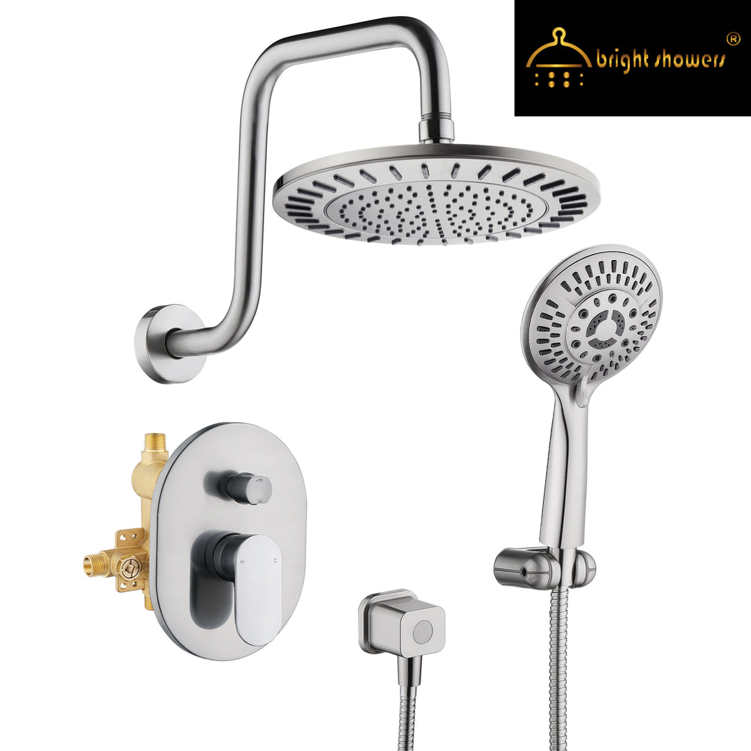 BRIGHT SHOWERS Rainfall Shower Head with High Rise Shower Arm, Shower Head Combo, Shower Valve,  Shower Trim Kit (FT20350)