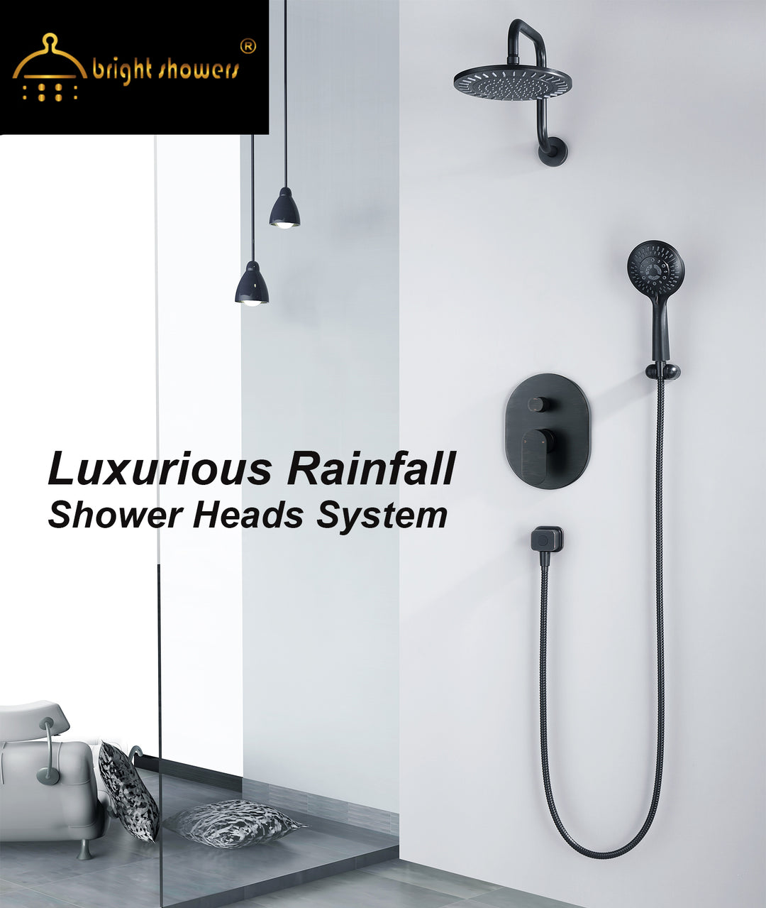 BRIGHT SHOWERS Rainfall Shower Head with High Rise Shower Arm, Shower Head Combo, Shower Valve,  Shower Trim Kit (FT20350)