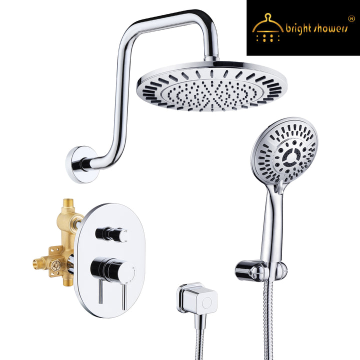 BRIGHT SHOWERS 9 Spray Setting Shower Faucet Set Include Shower Head with High Rise Shower Arm, Handheld Shower Head with Valve and Trim Kit (FT20360)